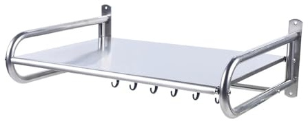 GXSFLG Microwave Shelf, Wall Shelves for Kitchen, Stainless Steel Wall-Mounted Microwave Oven Rack Stand, Kitchen Bracket Holder Organizer, with 6 Sliding Hooks, for Home and Restaurant, Max. 30kg