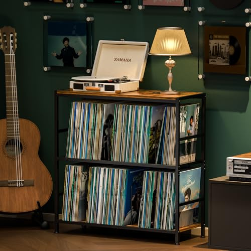 Sonyabecca Record Player Stand with 4 Adjustable Dividers, Vinyl Record Storage Up to 300+ Albums, 3-Tier Vinyl Storage Holder with Open Wooden Desktop for Living Room, Bedroom