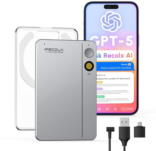AI Voice Recorder with Case, App Control, ChatGPT-5 Integrated, Record, Transcribe & Summarise Audio with AI Analysis, 71 Templates, 112 Languages, 64GB, for Meetings & Lectures, Grey