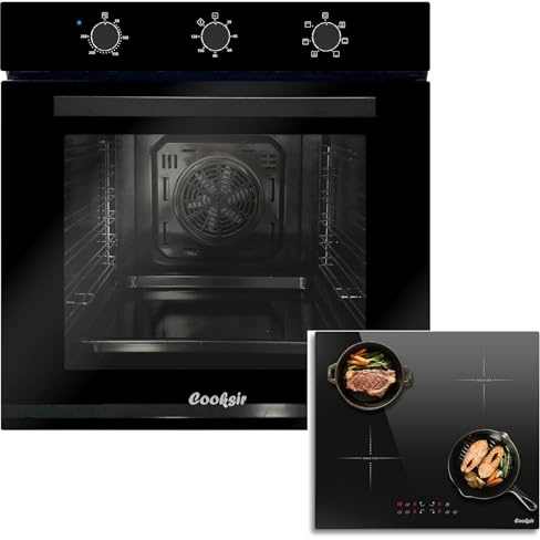 Cooksir Four encastrable 60cm, capacité 60 litres avec prise, 2200W, 6 fonctions, bouton rotatif+Plaque à Induction 4 Feux, Plaque de Cuisson Encastrable 60 CM, 7200W, Commande Tactile, Boost