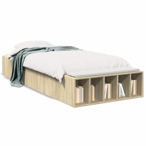 HETFTJN Bettgestell Sonoma Eiche 90x200 modernes Holzwerkstoff Design mit Stauraumfächern robuste Sperrholzlatten Einzelbett Rahmen für Jugendzimmer Gästezimmer Schlafzimmer