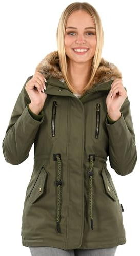 Navahoo Damen Winterjacke (XS-3XL) - 100% Baumwolle Obermaterial, Kapuze mit Reißverschluss auftrennbar, Teddyfell innen, Warme Jacke Frauen B648 (L, Grün)