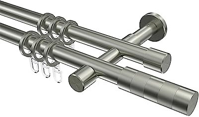 Interdeco Edelstahl Optik Gardinenstangen 20 mm Ø doppelläufig Prestige Mavell, 140 cm