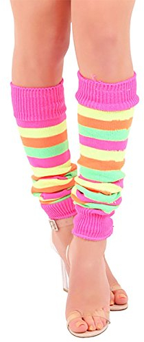 Ladies 80s Party Stripe Plain Neon Color Leg Warmers Womens Hen Party Accessory Rainbow