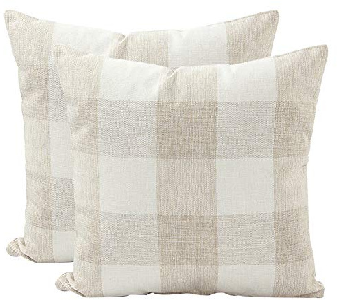 JOTOM Plaids Tartan Linen Pillow Cover,Cushion Covers for Home Sofa Car Outdoor Decorative 45 x 45cm,Set of 2 (Checkered,Beige White)
