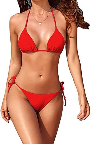 Tainehs Women's Sexy Halter Thong Bikini Tie Two Sides Bottom Triangle Bikini Swimsuits, Red, Medium
