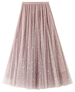 Femiserah Damen Lange Regenbogen A Linie Tüll Tutu Röcke Stufenrock Petticoat, Pailletten, Rosa, Einheitsgröße