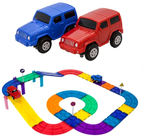 PicassoTiles Magnetic Race Track Toys Car Tracks Set for Toddlers Magnet Building Blocks Tiles Sensory Toys for Kids Include 2 Trucks STEM Engage in Thrilling Races Age 3+ Year Old Boys Girls
