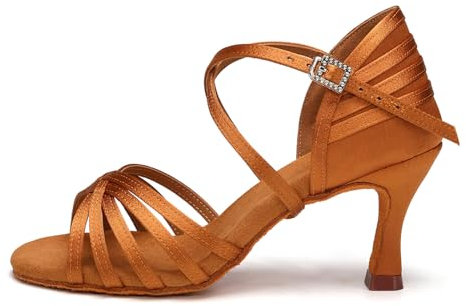 AOQUNFS Donna Scarpe da Ballo Latino Americano Raso Tacco Scarpe da Salsa Tango Bachata Samba Rumba da Pratica e Performance,2324-7.5-Marrone,EU37