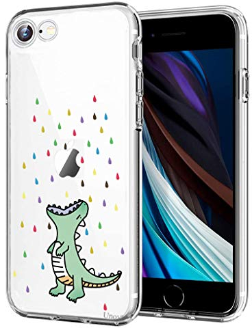 Unov Case Compatible with iPhone SE 2022 iPhone SE (2020) iPhone 8 iPhone 7 Case Clear with Pattern Embossed Design TPU Soft Bumper Shock Absorption Slim Protective 4.7 Inch (Rainbow Dinosaur)
