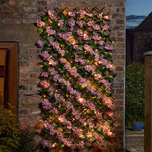Garden Mile Artificial Pink Blossom Trellis Solar Powered Lighting Living Wall Panel Realistic Expandable Trellis Privacy Fence Screening Garden Decoration Light Up Climbing Faux Trellis 180x60cm