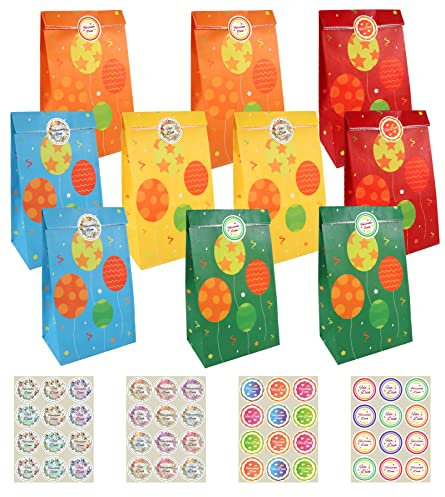 Ihaspoko 20 Stück Papiertüten mit 48 runden Aufklebern, Kraftpapier-Geschenktüten mit niedlichem Ballonmuster für Hochzeit, Geburtstag, Partyzubehör und Geschenke, 5,1x3,1x9,4 Zoll