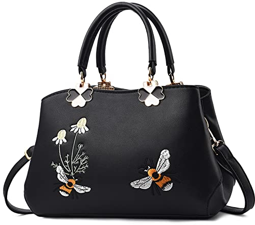 VARLIVOO Elegant Damen Handtaschen Stickerei Schultertaschen Frauen Umhängetasche Taschen Reisen Shopper Taschen Damen Taschen Crossbody Bag Arbeit Reisen PU Leder Schwarzes B