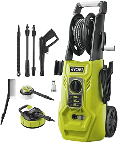 Ryobi RY140PWA-P Idropulitrice Premium 1800W 140 bar, Portata Massima di 420L/h, con Avvolgitubo e Lavapavimenti Inclusi, con Serbatoio Detergente da 0,9 L