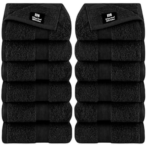 EDB 12x Washcloth Set 100% Egyptian Cotton 30x30cm Hotel Quality Flannels Soft Towels - Quick Dry And Highly Absorbent Face Towels 500 GSM (Black)