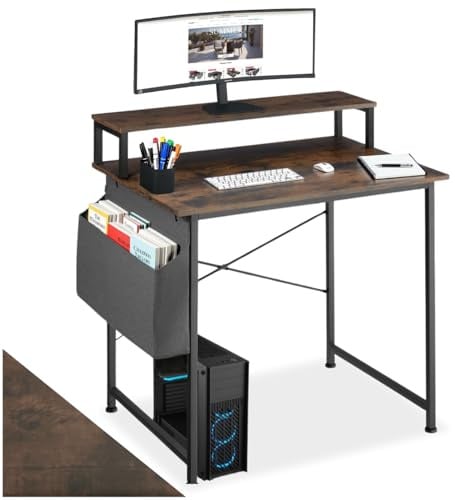 tectake® Computer Desk with Built-in Monitor Stand & Side Storage Bag, Home Office Desk with Sturdy Steel Frame & Wooden Tabletop, Ideal Living Room & Study Table, 80 x 55 x 90 cm - Dark Wood
