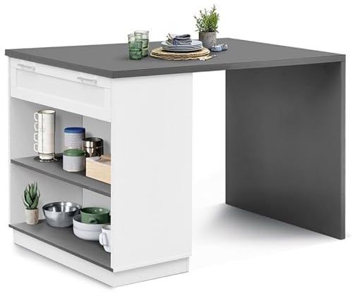 IDMarket – Ilot central para 4 personas VITO 130 cm blanco y bandeja gris