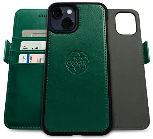 Dreem Fibonacci kompatibel mit iPhone 13 Brieftaschen-Etui / 2-in-1 stoßfestes Etui und abnehmbares Folio aus veganem Leder, MagSafe-kompatibel, RFID-Schutz [Grün]