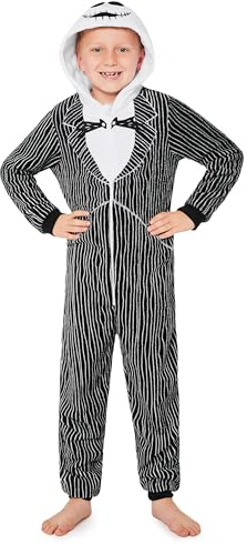Disney Stitch Onesie Mädchen, Kuschelige Warm Einteiler Schlafanzug Kinder, Baby Yoda Geschenke für Mädchen Weihnachten (Schwarz Jack Skellington, 11-12 Jahre)