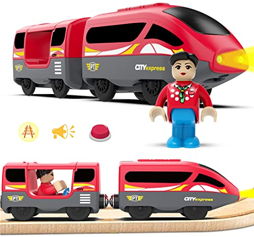 LiRiQi Batteriebetriebener Lokomotivzug (Magnetanschluss) - Motor-Hochgeschwindigkeitszug, lok Holzeisenbahn Zug, Kinder Lokomotive kompatibe mit Brio, Thomas - Spielzeugauto, Rot