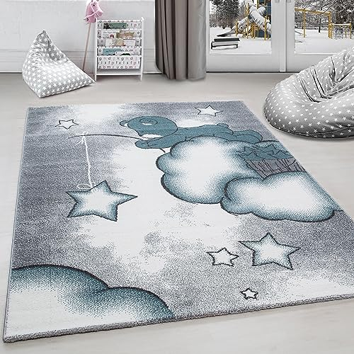 Carpettex Kinderteppich süße Bär Design Blau 140 x 200 cm - Kurzflor Teppich Kinderzimmer für Mädchen und Jungen Pflegeleicht Weich - Waschbarer Spielteppich Babyteppich Gaming Teppich Babyzimmer