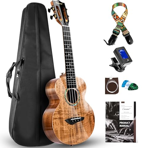 Caramel CAG28 Konzert-Ukulele aus Akazie, glänzend, gelockt, 58,4 cm, für Anfänger, handgefertigtes Ukulele-Starter-Set