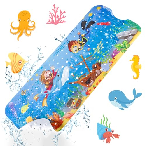 AMZJMT Badewannenmatte Kinder Rutschfest 100x40cm -duschmatte rutschfest,Meeresbodenmuster Antirutschmatte Badewanne mit 200 Saugnäpfen,BPA-frei, Schimmelresistent & Maschinenwaschbar