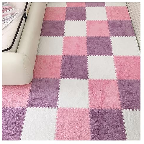 12 Stück – Plüsch-Puzzle-Schaum-Bodenmatte – Ineinandergreifende Teppichfliesen – Flauschige Puzzle-Matten, Quadratische Teppiche, 30 X 30 cm Große Schaumstoff-Bodenfliesen(Color:Weiß+Rosa+Lila)