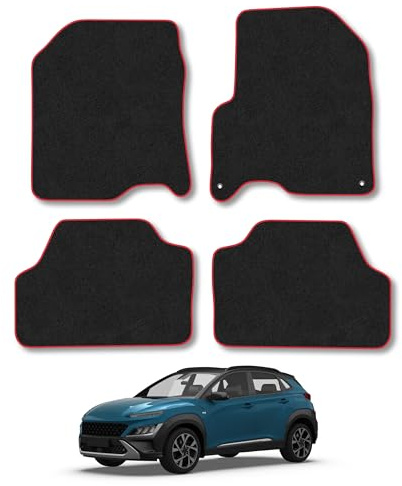 Fits Hyundai Kona (2017-2023) [Electric] Carpet Car Mats | Red Edge Trim Tailored Fit Floor Mats Full Coverage Protection Accessories Easy Clean Anti Slip Made in the UK