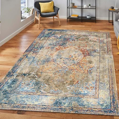bamyum Landon Bedruckter Teppich Vintage Chenille-Druck Maschinell Hergestellt 120x180 cm, Waschbarer Multıcolor Teppich, Vintage Schlafzimmer, Antibakteriell Antirutschunterlage Küchenteppich