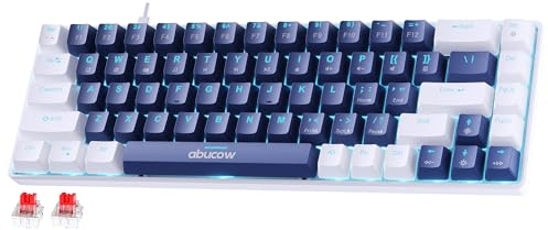 abucow 68-key mechanical gaming keyboard with blue backlight and dark blue white keycap - use red switch for premium typing and gaming experience on PC and Mac (White-Dark Blue)