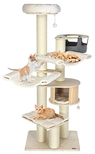 GOPLUS Arbre à Chat 197cm en Bois, Hamacs Pivotant 200°, Panier Suspendu, Arbre à Chat avec Griffoirs en Sisal, Condo Privé, Coussins Lavables, Blanc Crème
