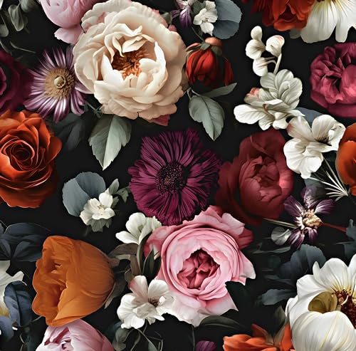 Floral Wallpaper Peel and Stick, Rose Flowers Contact Paper 17.5 x 393.7, Modern Wall Murals Self Adhesive Removable Waterproof for Room Shelves Cabinet Drawer Table Decor (Black, Red, Beige)