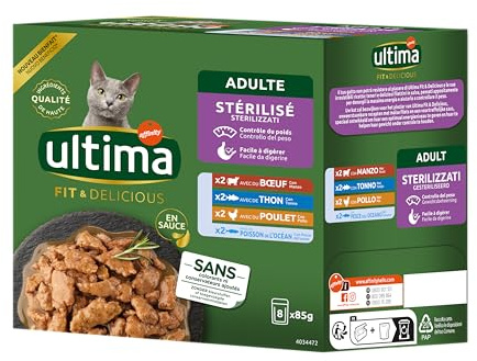 Ultima Wet Fit & Delicious – Nassfutter für Katzen, sterilisiert, Multipack Huhn, Rind und Thunfisch, Meeresfisch, 85 g*8