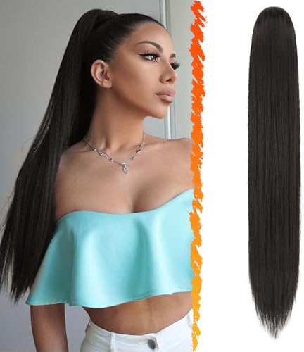 BARSDAR Lang Glattes Pferdeschwanz Verlängerung, 66CM Kordelzug Schwarz Braun Zopf Pferdeschwanz Haarverlängerungen Synthetik Clip Pferdeschwanz Haarteil für Damen Tägliche (Schwarz Braun)