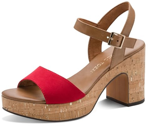 MARCO TOZZI Damen Sandalen mit Absatz Plateausohle Verstellbarer Riemen, Rot (Red Comb), 42 EU