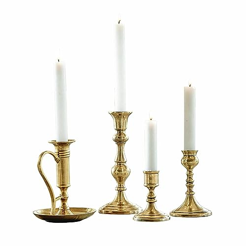 Loberon Kerzenständer 4er Set Maxéville, Verschiedene Größen, Wundervoller Vintage-Look, Nostalgische Dekoration, Reizender Schimmer, Kerzenhalter, Aluminium, Gold