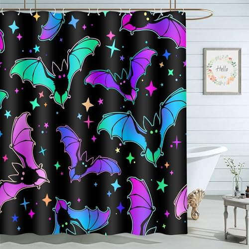Moslion Cortina de ducha de araña azul púrpura de 72 x 72 pulgadas, juego de cortinas de baño de murciélago, tela de poliéster impermeable con ganchos