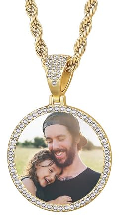 OTXIXTO Personalisierte Hip-Hop-Halskette für Männer Frauen Individuelle Gedenkkette mit Bild Innen/Text Personalisierte Halskette mit Fotoanhänger (Runde Gold Anhänger Halskette, 22-Zoll-Kette)
