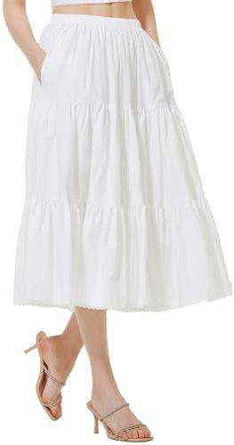 BEAUTELICATE Damen Rock Lange Stufenrock Baumwolle A-Linie Maxirock mit Taschen Retro Plisseerock mit Spitze Sommerrock Elastische Taille (Elfenbein,75cm,S)