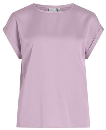 Vila Damen Satin Blusen T-Shirt Kurzarm Basic Rundhals Top Glänzend Tunika Blouse Oberteil VIELLETTE, Farben:Rosa, Größe:36