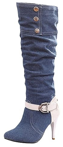 Stivali estivi da donna Stivali da donna Stivali in denim con tacco alto per stivali da donna, grandi stivali da donna stivaletti da donna estivi con tacco casual, Blu, 41 EU