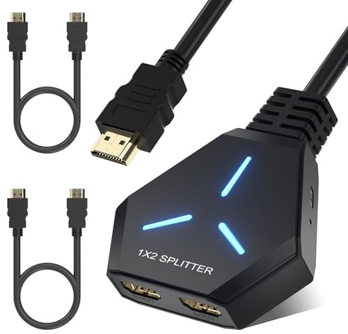 Hxwlo HDMI Splitter, HDMI Splitter 1 in 2 Out for Dual Monitors Supports 4K 3D Full HD 1080P Compatible For/PS4/PS3/Blu-Ray Player/MacBook/HDTV (Includes 2 HD-MI Cable)