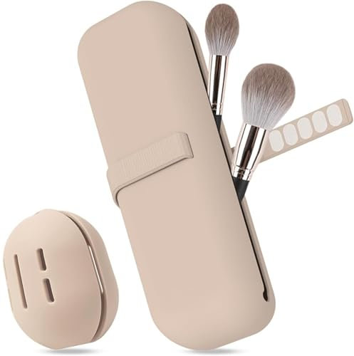 Ancwzoz Makeup Brush Holder, Silicone Makeup Bag Makeup Sponge Holder Organizer for Travel Storage, Khaiki, Khaki