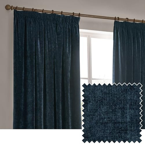 furn. Yard Heavy Chenille Pencil Pleat Curtain Pair – Lined Room Darkening Soft Velvet Curtains (Navy - Width 168 x Drop 183cm)