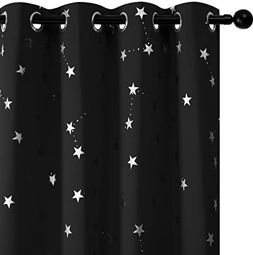 Deconovo Blickdicht Gardinen mit Ösen Vorhang Schlafzimmer Thermogardinen Gardine Wohnzimmer Thermo Vorhänge mit Sternenmuster Verdunkelungsvorhänge, 245x140cm(HöhexBreite), Schwarz, 2er Set