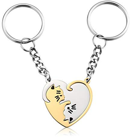 PiercingJak 2PCS Porte Clefs Puzzle Coeur Separable Chat Acier Inoxydable Porte Clé Amitié/Soeur/Couple Amoureux Porte Clef Homme Femme Cadeau Couple Valentine