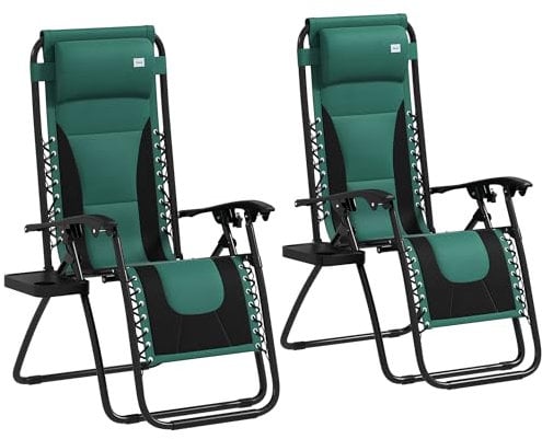 Outsunny Zero Gravity Lounger Chair Set of 2, Folding Reclining Patio Chair with Padded Seat, Cup Holder, Soft Cushion and Headrest for Poolside, Camping, Green