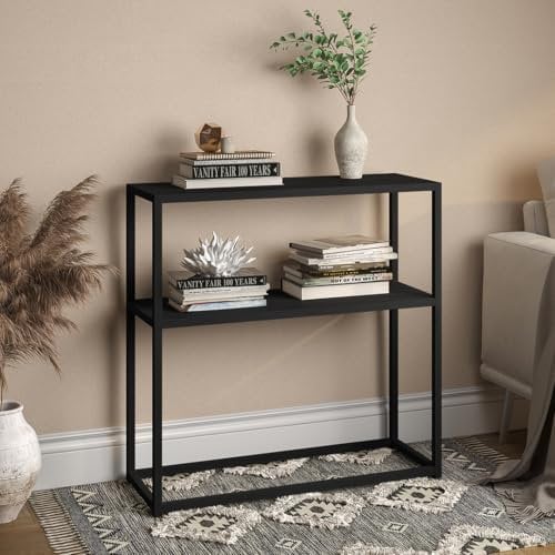 skølm Skadi Konsolentisch - Metallregal schwarz für Wohnzimmer - Flurtisch schmal 80x28x80 cm - Sofatisch mit Ablage - Schmales Regal Metall mit Stauraum - Beistelltisch mit verstellbaren Füßen