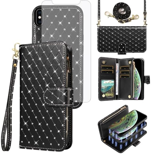 Compatible with iPhone Xs Max Wallet Case Zipper Detachable Cell Screen Protector Strap Bling Glitter Flip Card Holder Slot Phone Cover for i X XR Xsmax 10x SX Xmax 10xs Xmaxs Women Girls Black